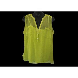 Sleeveless Neon Green  Sheer Button-Down Blouse With Front Pockets size 3X
